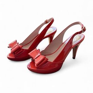 Coral red bow high heels